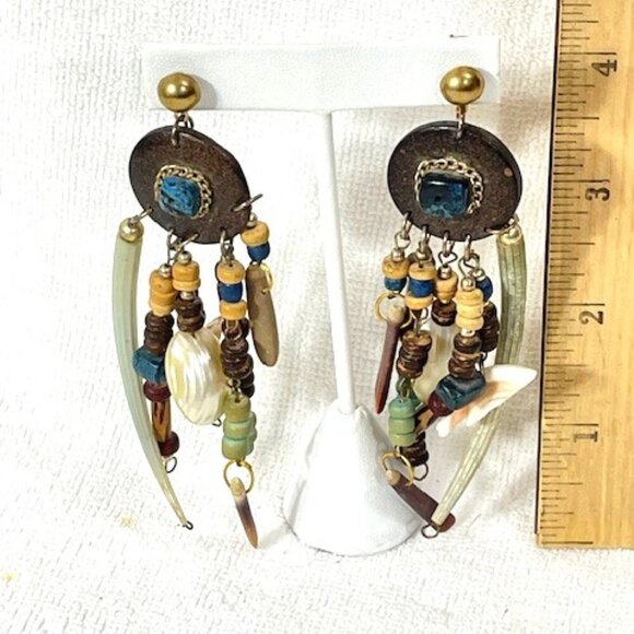 Wooden bead and shell statement earrings. - Picture 2 of 9